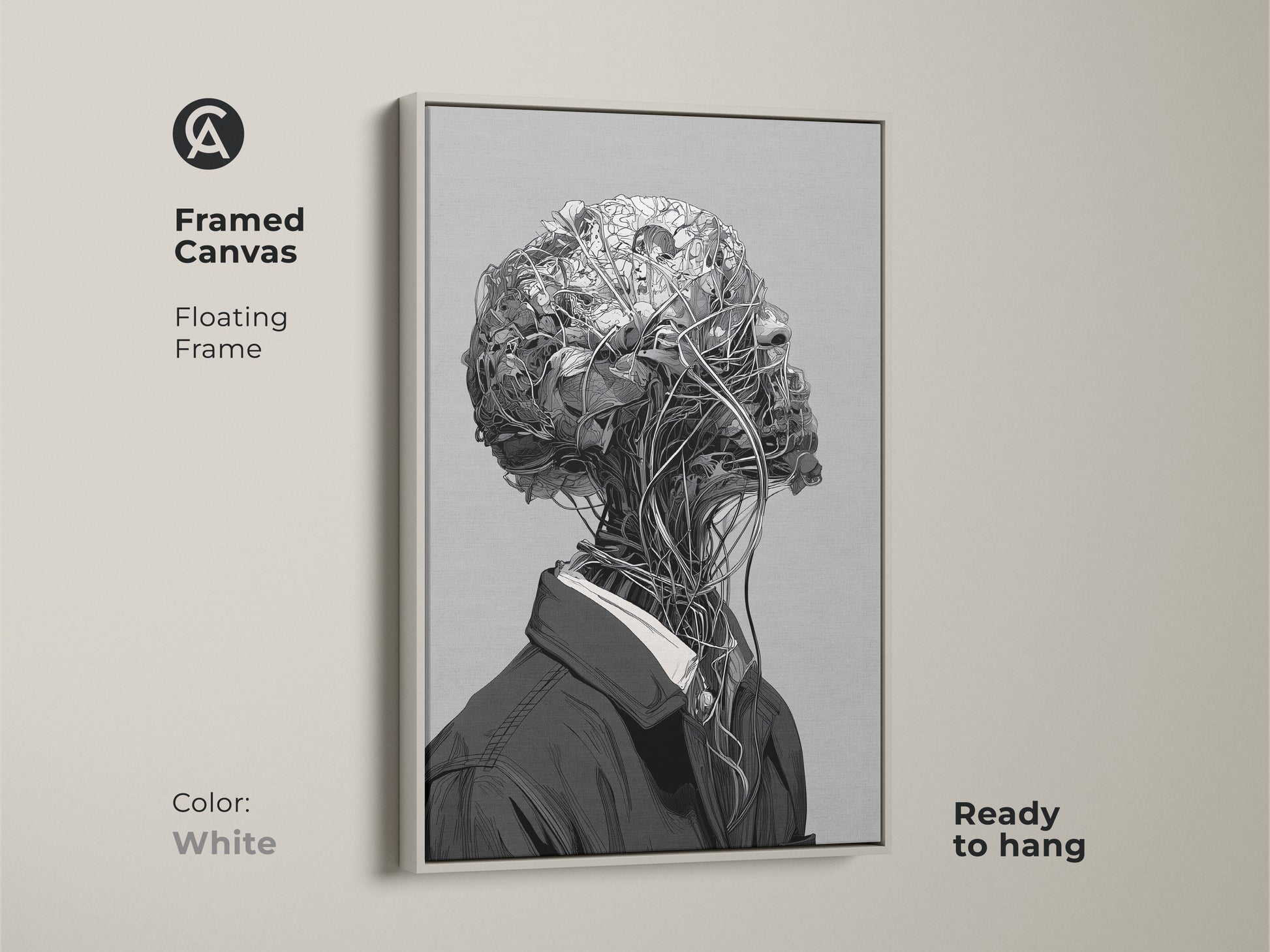 Framed canvas artwork with a floating frame. The color of the frame is white. The art features a surreal botanical head. The canvas is ready to hang. This piece adds a modern touch to any space.