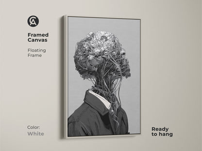 Framed canvas artwork with a floating frame. The color of the frame is white. The art features a surreal botanical head. The canvas is ready to hang. This piece adds a modern touch to any space.