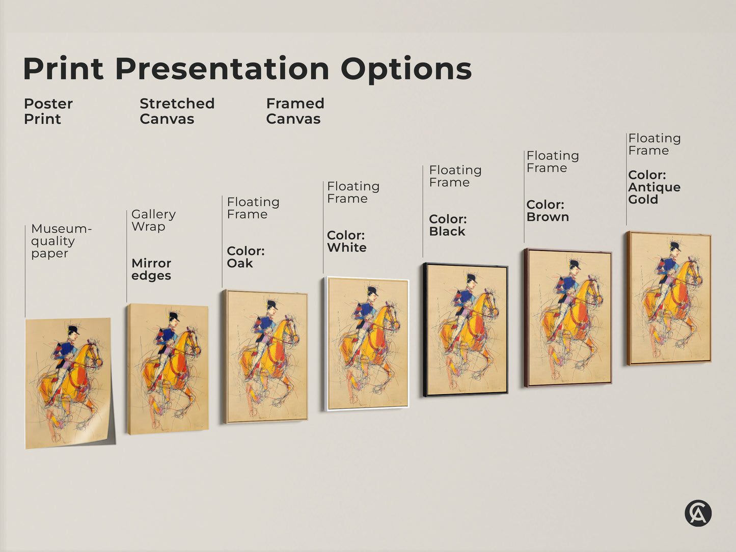 Explore print presentation options for horse rider artwork. Choose from poster prints stretched canvas and framed canvas. Each option beautifully displays the expressionist horse in yellow blue and red. Find the perfect style for your space.