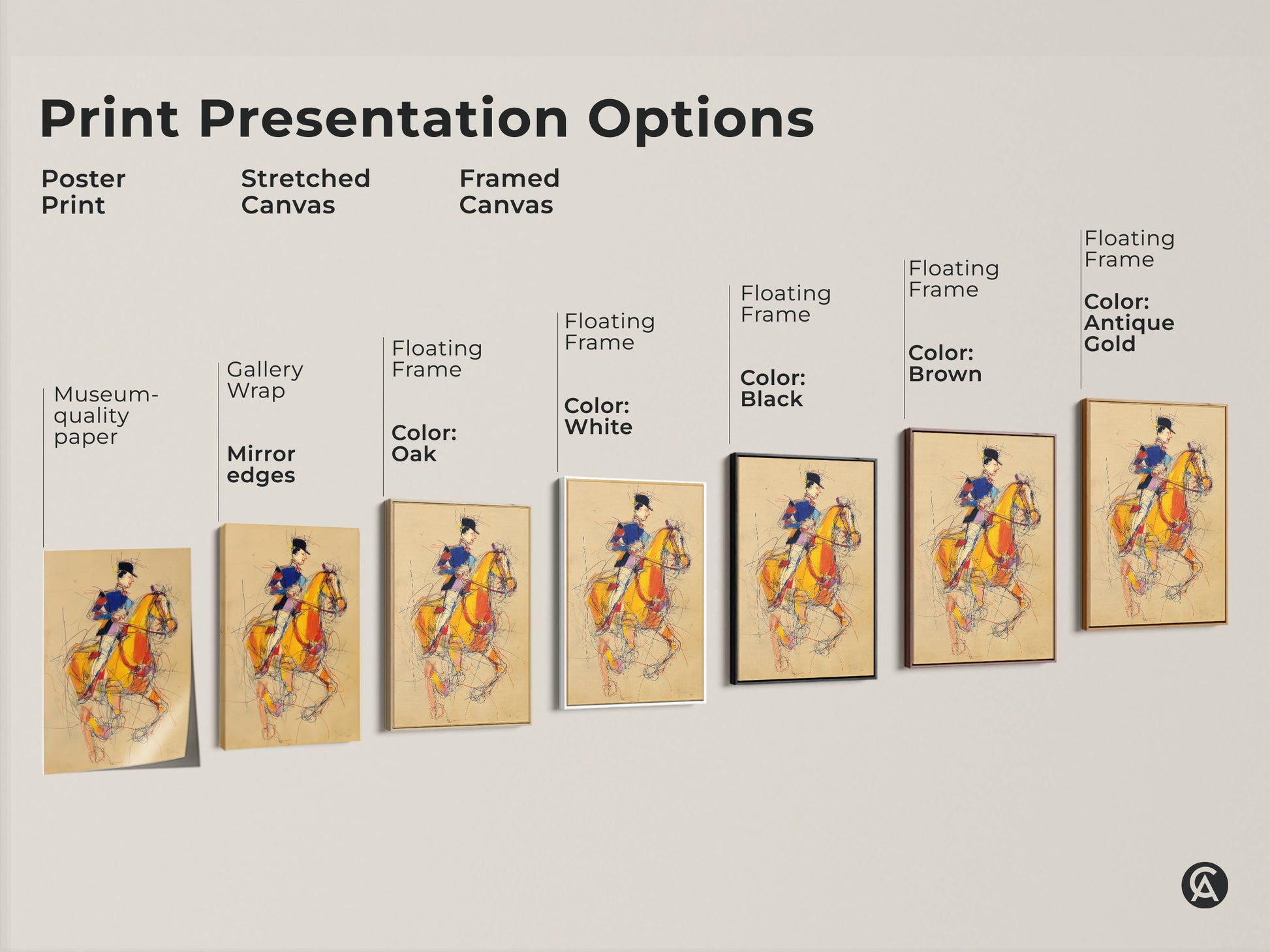 Explore print presentation options for horse rider artwork. Choose from poster prints stretched canvas and framed canvas. Each option beautifully displays the expressionist horse in yellow blue and red. Find the perfect style for your space.