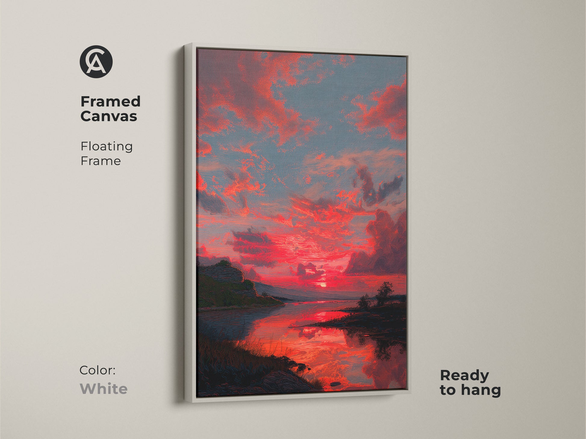 Create a serene atmosphere with this framed Crimson Sunset canvas art. The white floating frame complements the contemporary nature wall decor. The red sky landscape print brings a touch of natural beauty. Ready to hang this dramatic sunset artwork is a beautiful housewarming gift.