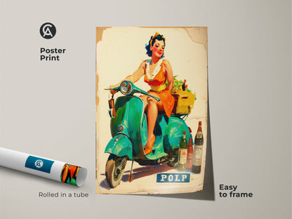 Poster print of a woman on a Vespa with wine and produce. This eye-catching art print is easy to frame and adds vintage flair to any space. Perfect for adding a splash of color and retro charm to your walls.