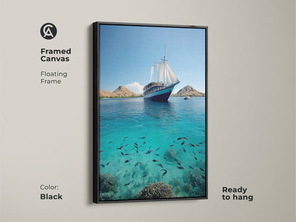 Framed Canvas with a floating frame. A sailing ship wall art. This coastal nautical decor is ready to hang. The canvas features a turquoise sea and deep blue fish school. A bedroom wall art nautical. The color of frame is black. Add seaside charm.