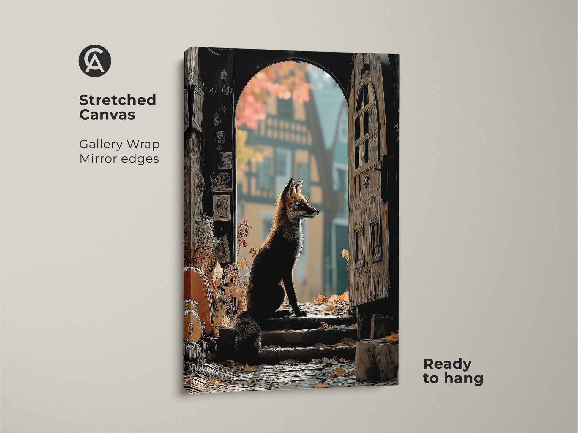 This is a stretched canvas gallery wrap. It has mirror edges. The archway fox print is ready to hang. It features woodland animal art with gold and brown tones in an eclectic style.
