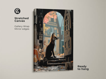 This is a stretched canvas gallery wrap. It has mirror edges. The archway fox print is ready to hang. It features woodland animal art with gold and brown tones in an eclectic style.