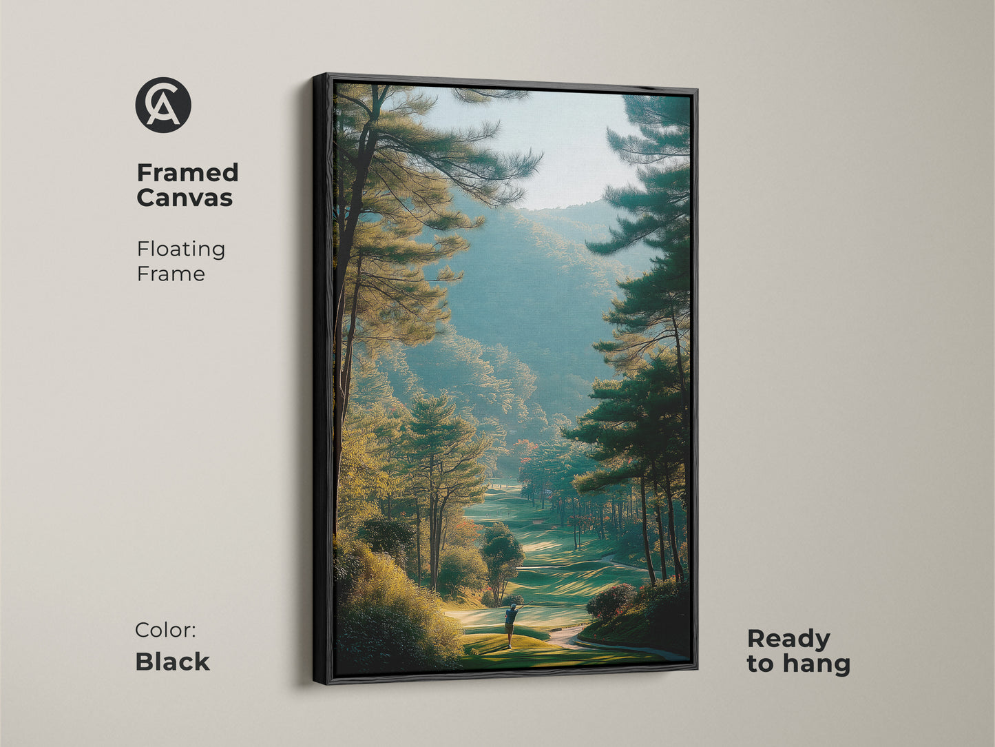 Framed canvas featuring a scenic golf course. The black floating frame enhances the artwork. This ready to hang fine art print adds sophistication. A golfer stands on the green fairway. Perfect wall art for golf enthusiasts' home decor.