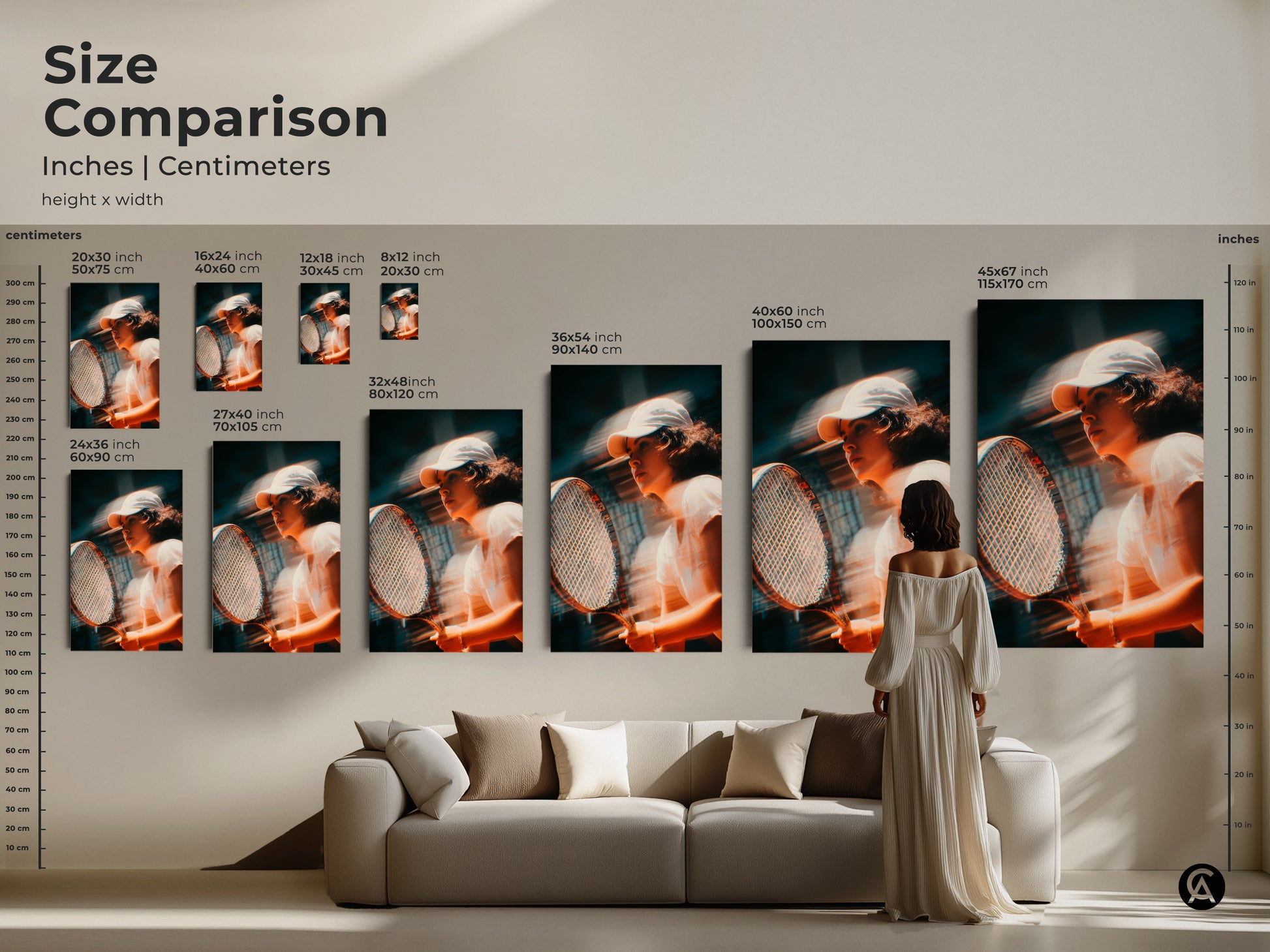 Size comparison of tennis player artwork in inches and centimeters. Visualize how different sizes fit above a sofa. Choose the perfect dimensions for your canvas or poster print. Enhance your living space with this dynamic and sporty artwork today.