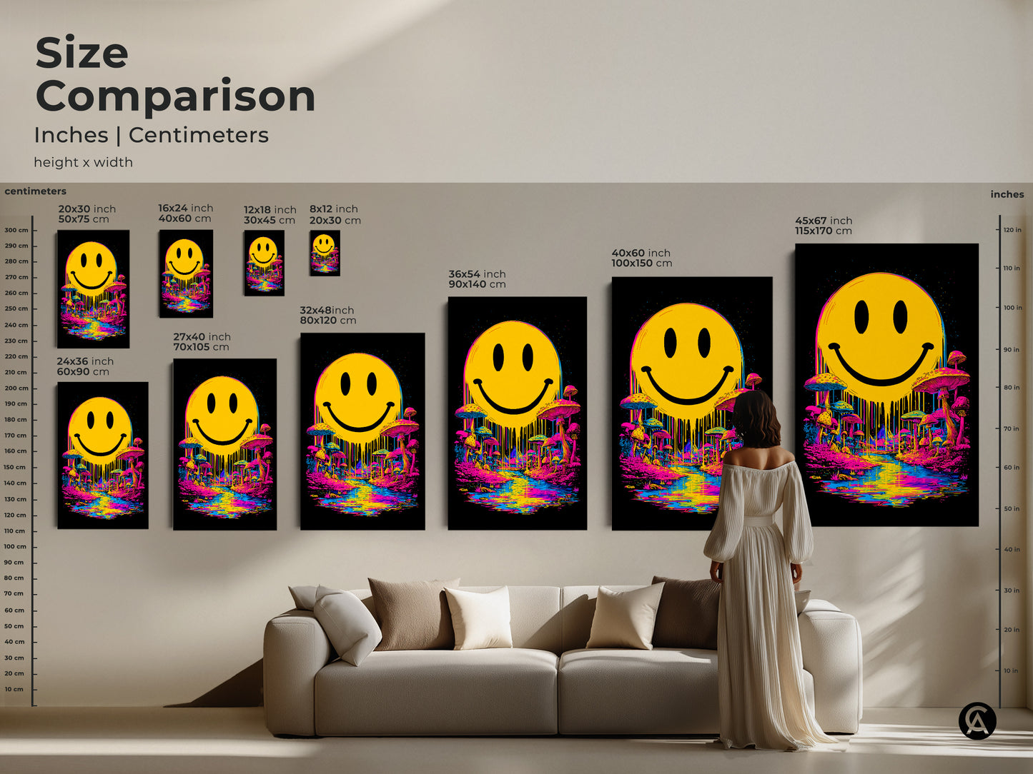 Size comparison of smiley face art prints and canvases. See the artwork in various sizes from 16x24 inch to 45x67 inch. Compare the dimensions in inches and centimeters. Find the ideal size to enhance your living space with this vibrant art piece