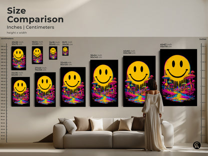 Size comparison of smiley face art prints and canvases. See the artwork in various sizes from 16x24 inch to 45x67 inch. Compare the dimensions in inches and centimeters. Find the ideal size to enhance your living space with this vibrant art piece