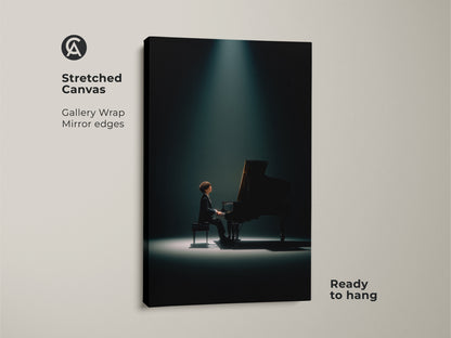 Stretched canvas gallery wrap art featuring a pianist in the spotlight. The mirror edges create a seamless look. This ready-to-hang piano artwork is perfect for music enthusiasts. Add a touch of musical inspiration to your space with this stunning canvas art.