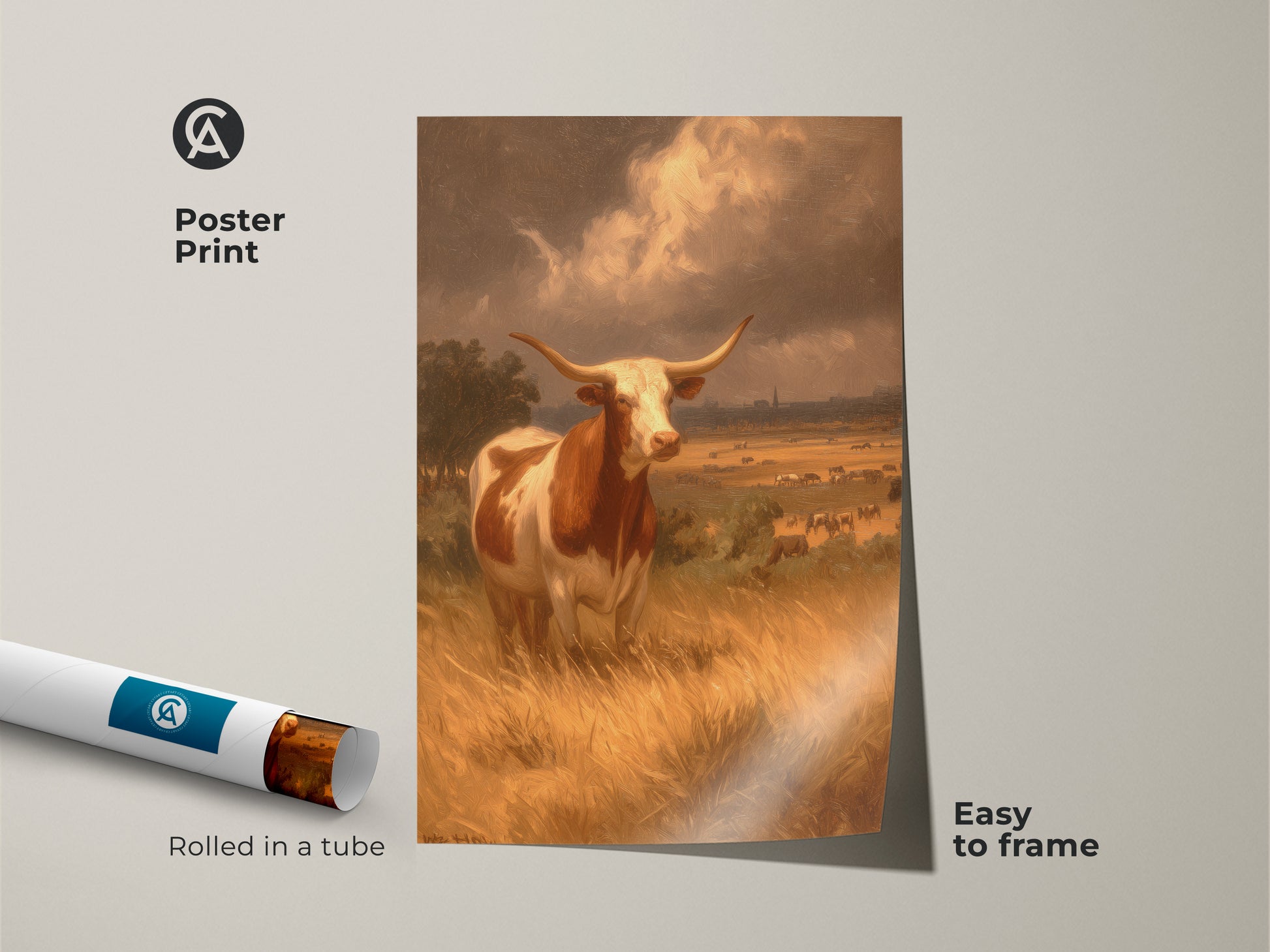 Add a touch of classic elegance with this Longhorn poster print. The artwork depicts a serene countryside scene with grazing cattle. It is easy to frame and ships rolled in a tube. This museum-quality print brings rustic beauty to your space. It's an excellent gift for art lovers.