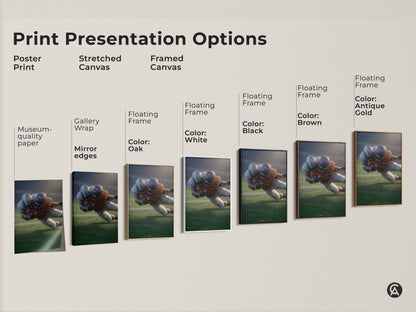 Explore print presentation options for realistic football player artwork. Choose from poster prints stretched canvases and framed canvases. Options include museum-quality paper gallery wraps and floating frames in various colors. Ideal for sports enthusiasts seeking dynamic sports action wall art for office decor.
