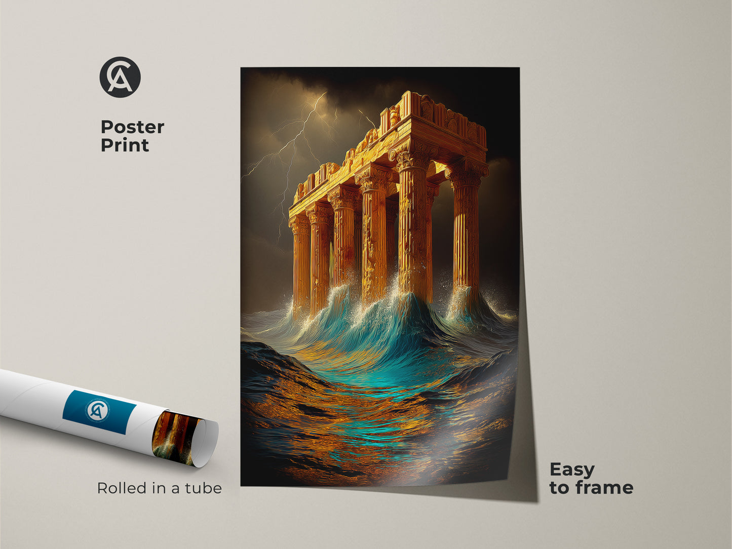 Poster print featuring an ancient Greek temple emerging from a stormy sea. Rolled in a tube and easy to frame. A unique housewarming gift for history buffs. The golden architecture art makes for dramatic ocean artwork. Perfect for study room wall decor.
