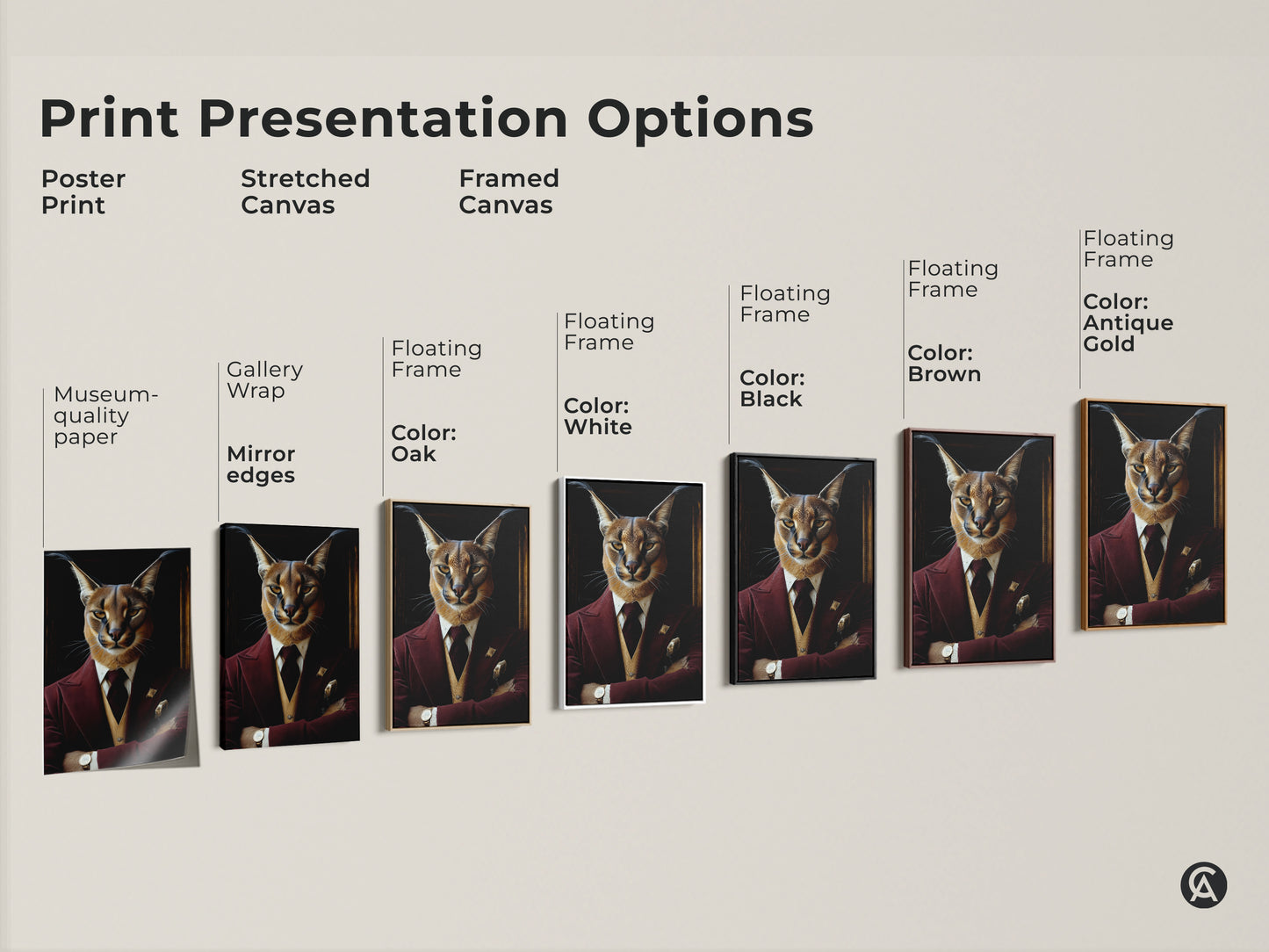 Print Presentation Options for Caracal Artwork. This includes poster prints stretched canvas and framed canvas options. Available with museum quality paper gallery wrap or floating frames. The floating frames come in oak white black brown and antique gold.