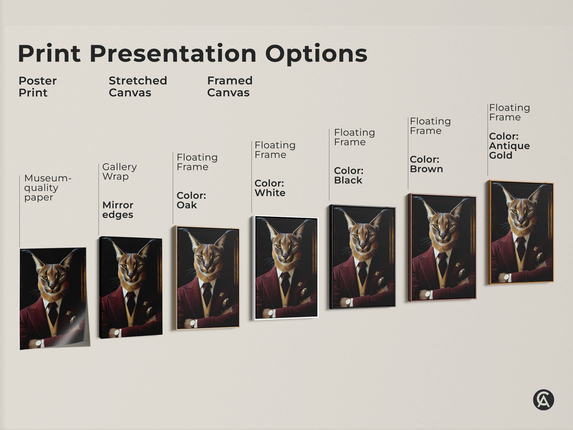 Print Presentation Options for Caracal Artwork. This includes poster prints stretched canvas and framed canvas options. Available with museum quality paper gallery wrap or floating frames. The floating frames come in oak white black brown and antique gold.
