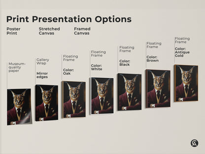 Print Presentation Options for Caracal Artwork. This includes poster prints stretched canvas and framed canvas options. Available with museum quality paper gallery wrap or floating frames. The floating frames come in oak white black brown and antique gold.