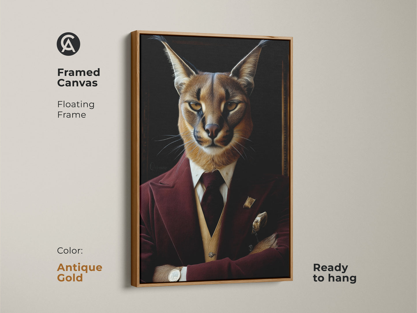 Framed Canvas of Burgundy Tuxedo Caracal with Antique Gold Frame. This regal cat painting is ready to hang. It's a fine art canvas print. The anthropomorphic wall art is ideal for eclectic home decor. It's a unique birthday gift for him and an animal lover gift.