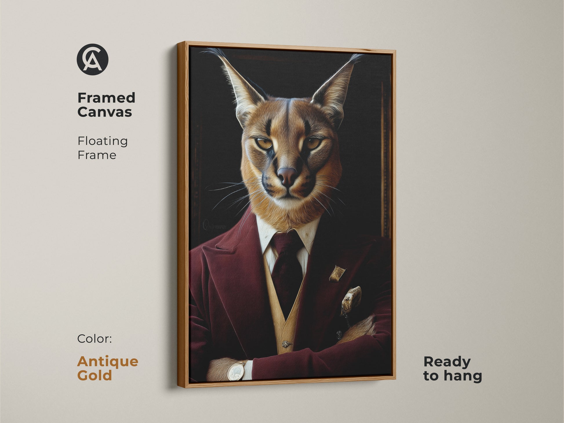 Framed Canvas of Burgundy Tuxedo Caracal with Antique Gold Frame. This regal cat painting is ready to hang. It's a fine art canvas print. The anthropomorphic wall art is ideal for eclectic home decor. It's a unique birthday gift for him and an animal lover gift.