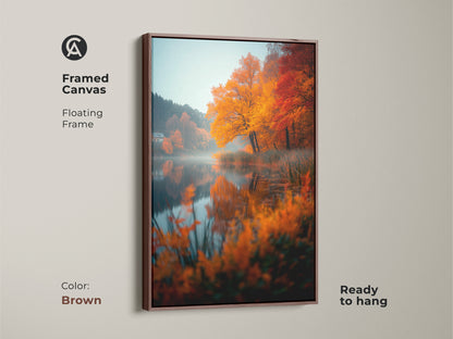 Framed canvas artwork of an autumn lake. The floating frame is brown. It is ready to hang. The fall colors add a cozy touch. This art complements rustic decor. Perfect for home decor.