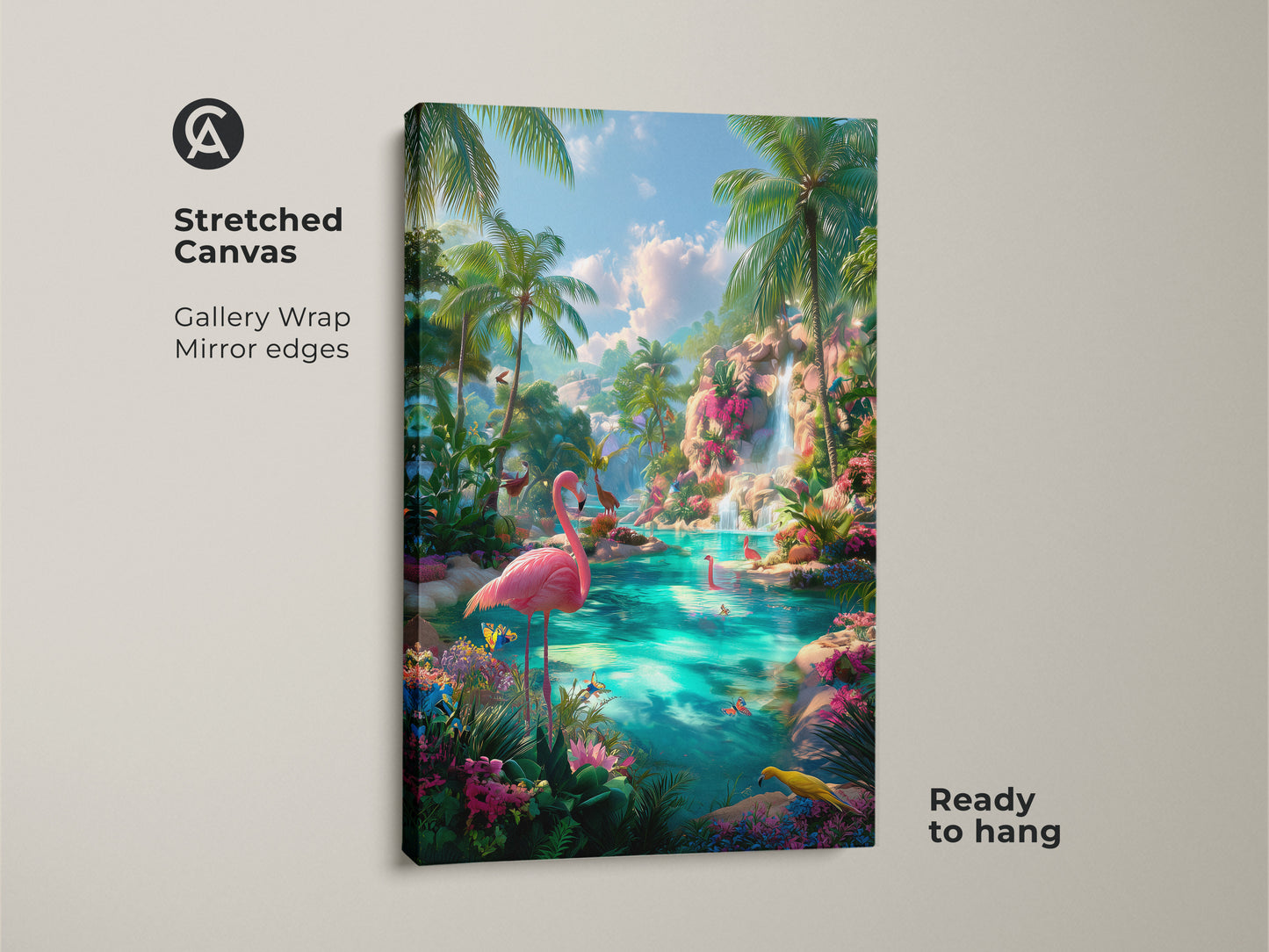 Stretched canvas print of a tropical lagoon. Features pink flamingos in a vibrant blue lagoon. The gallery wrap has mirror edges. The artwork is ready to hang. Palm trees and a waterfall add to the tropical ambiance. A perfect piece for a tropical themed room.