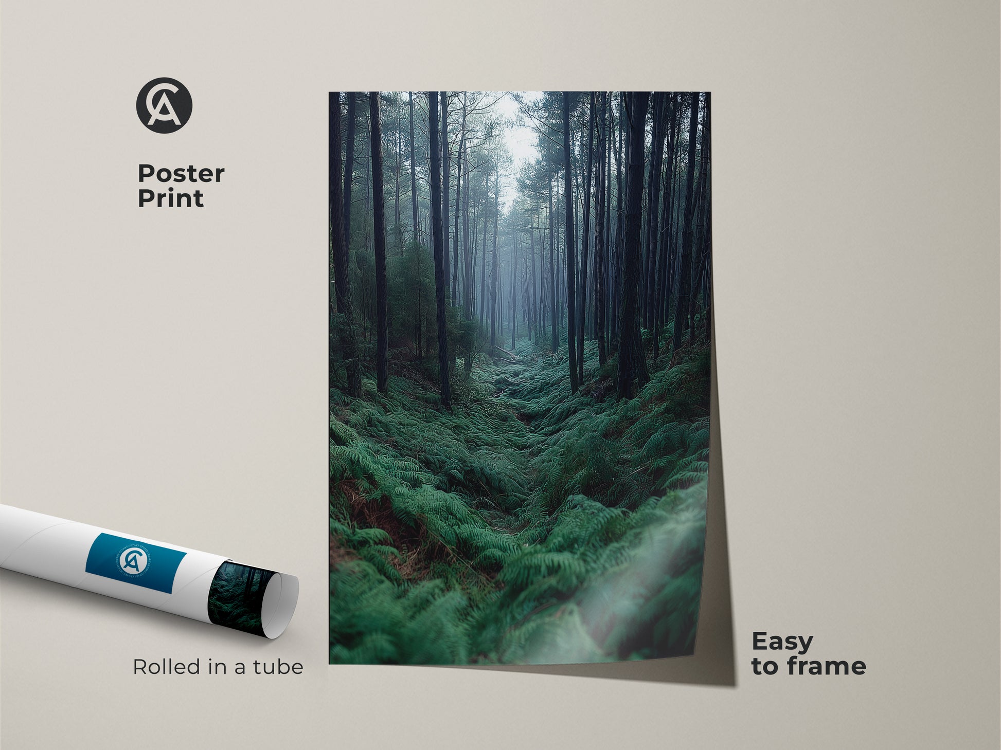 Poster print of Misty Woodland Landscape Artwork. The green botanical art print comes rolled in a tube. It's easy to frame. Perfect as pine tree nature canvas for a nature lover gift.