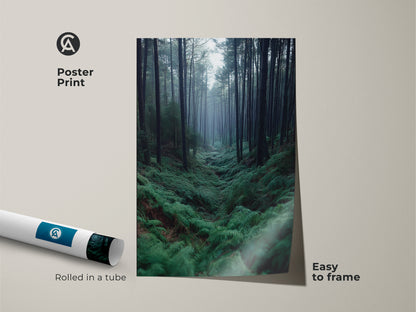 Poster print of Misty Woodland Landscape Artwork. The green botanical art print comes rolled in a tube. It's easy to frame. Perfect as pine tree nature canvas for a nature lover gift.