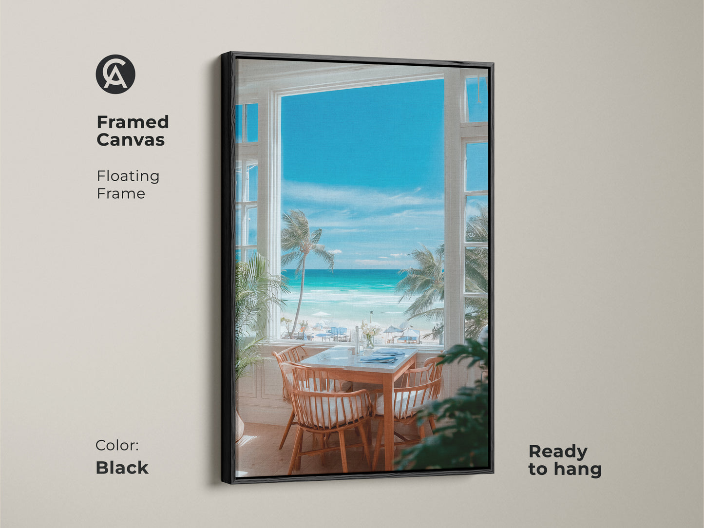 Framed canvas art with a floating frame in black. The artwork offers a stunning beach view. The beach view is seen through a window. Ready to hang this piece adds a touch of elegance and tranquility. The black frame enhances the vibrant colors.