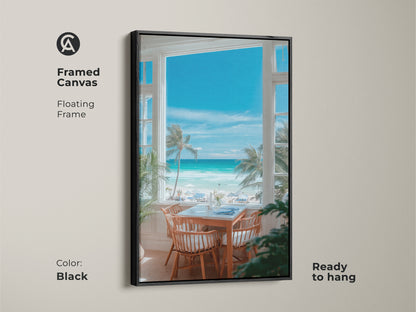 Framed canvas art with a floating frame in black. The artwork offers a stunning beach view. The beach view is seen through a window. Ready to hang this piece adds a touch of elegance and tranquility. The black frame enhances the vibrant colors.