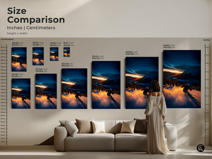 Compare sizes of our skier artwork with this visual guide in inches and centimeters. From small 8x12 inch prints to large 45x67 inch canvases see how each size impacts your space. Choose the perfect dimensions to complement your decor with canvas and poster options.