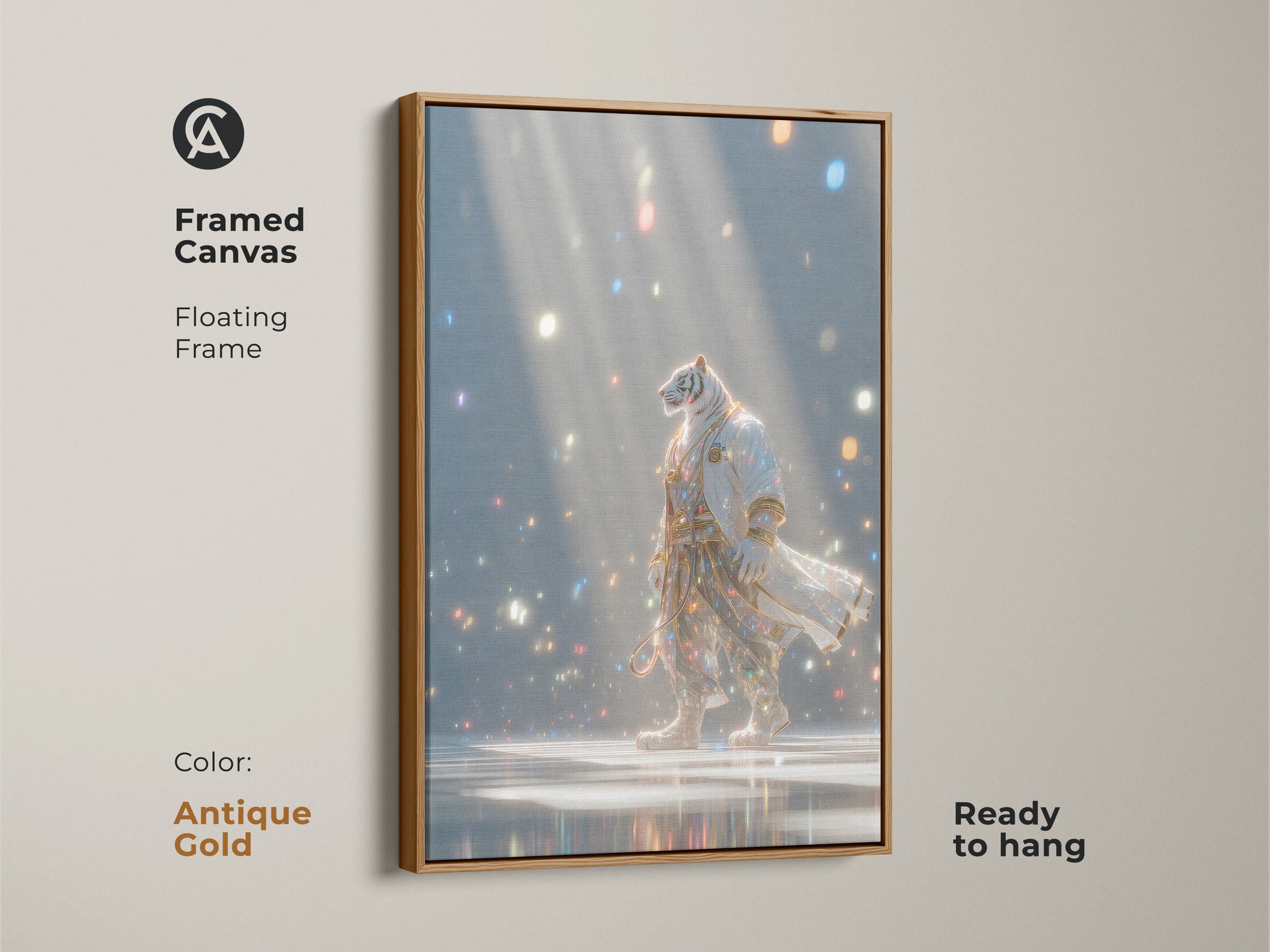 A framed canvas featuring a tiger in a robe. The floating frame is antique gold and the art is ready to hang. The artwork shows a tiger walking in a room full of lights. This unique piece is a great addition to any home.