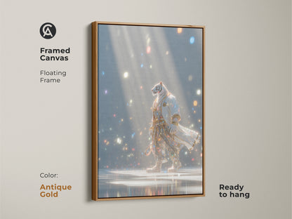 A framed canvas featuring a tiger in a robe. The floating frame is antique gold and the art is ready to hang. The artwork shows a tiger walking in a room full of lights. This unique piece is a great addition to any home.