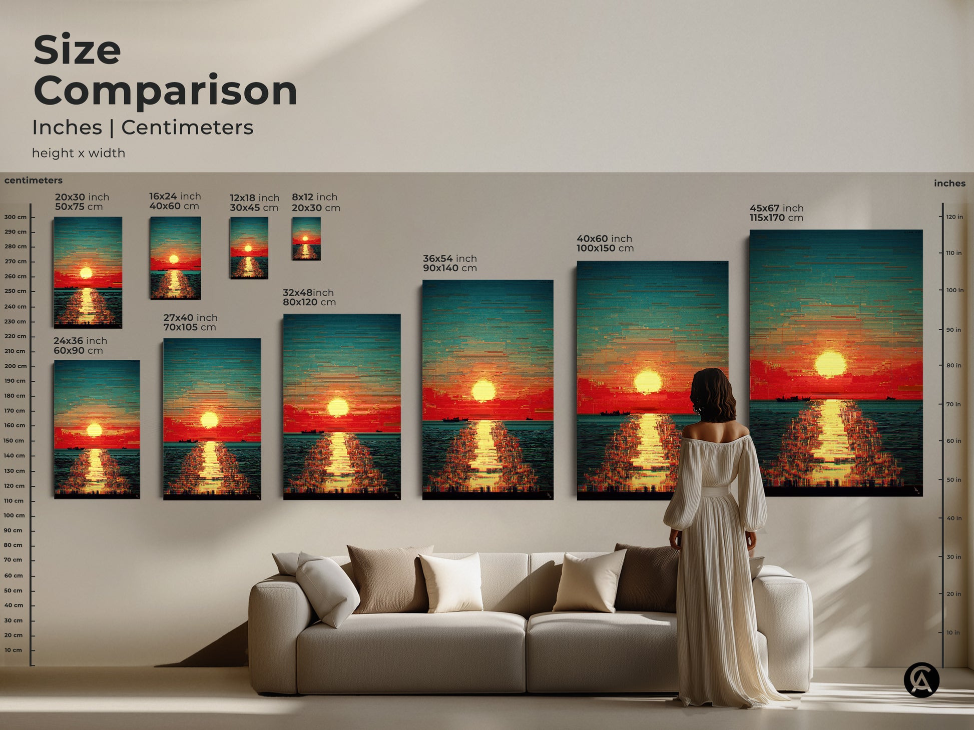 Size comparison of glitch art canvas prints in a living room. Abstract sunset seascape in various sizes. Red orange and teal artwork with boats adds a modern touch. Visualize the art in your home before you buy.