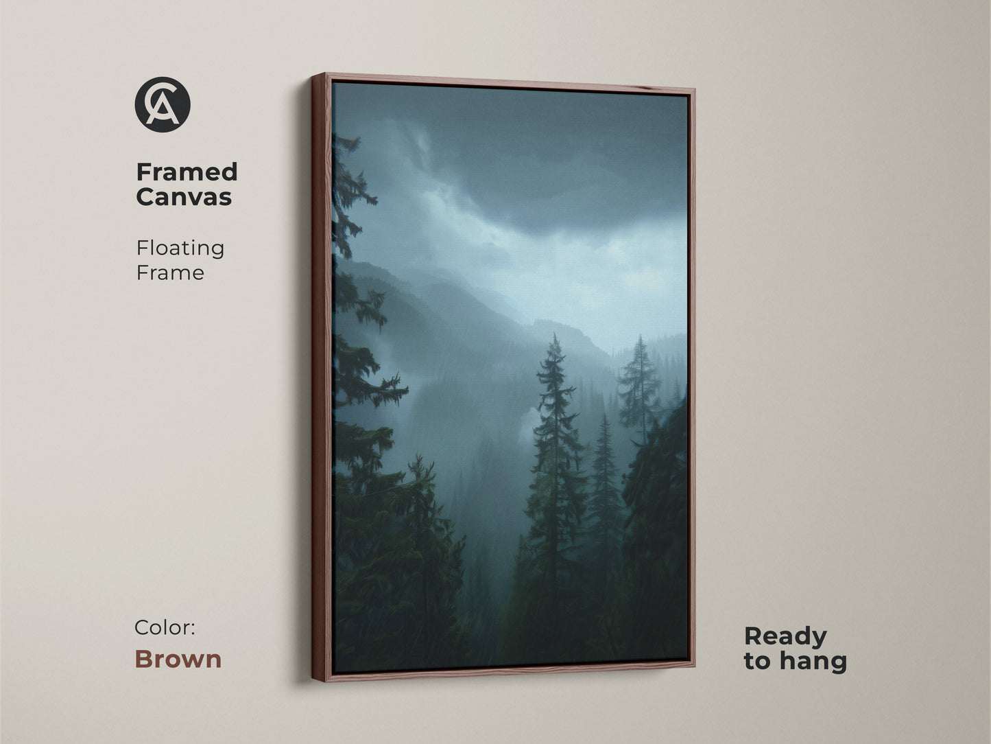 A framed canvas of a moody forest landscape. Dark green pine trees and misty blue mountains create a serene scene. The brown floating frame enhances this nature home decor. Ready to hang artwork makes a thoughtful housewarming gift. Ideal residential forest artwork.