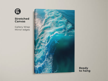 A surfer is dwarfed by a powerful blue wave in this stunning stretched canvas art. The gallery wrap and mirror edges add depth. It creates an immersive experience. The artwork is ready to hang. It brings the dynamic energy of the ocean into your home. A perfect piece for surf enthusiasts.