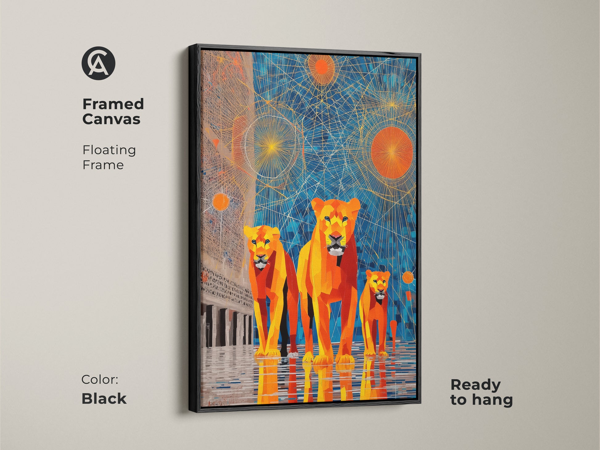 Black framed canvas presenting a geometric lion artwork. Abstract sunburst animal art in blue and orange makes a bold statement. Floating frame design enhances this contemporary wildlife artwork. Ready to hang for modern geometric decor that celebrates regal animal art.