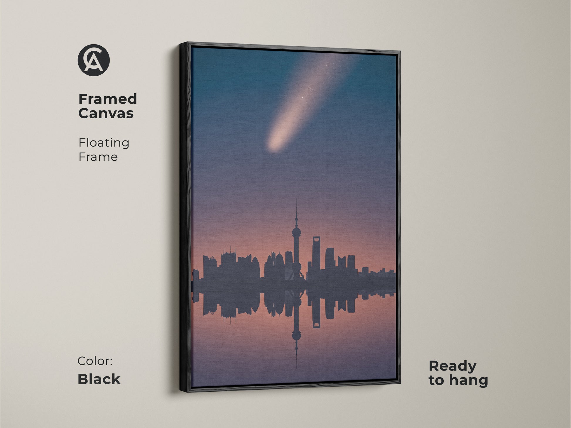 Black framed canvas art of Shanghai's skyline under a comet. This minimalist space artwork is ready to hang. The navy pink teal cityscape print offers a contemporary touch to your living room wall decor.