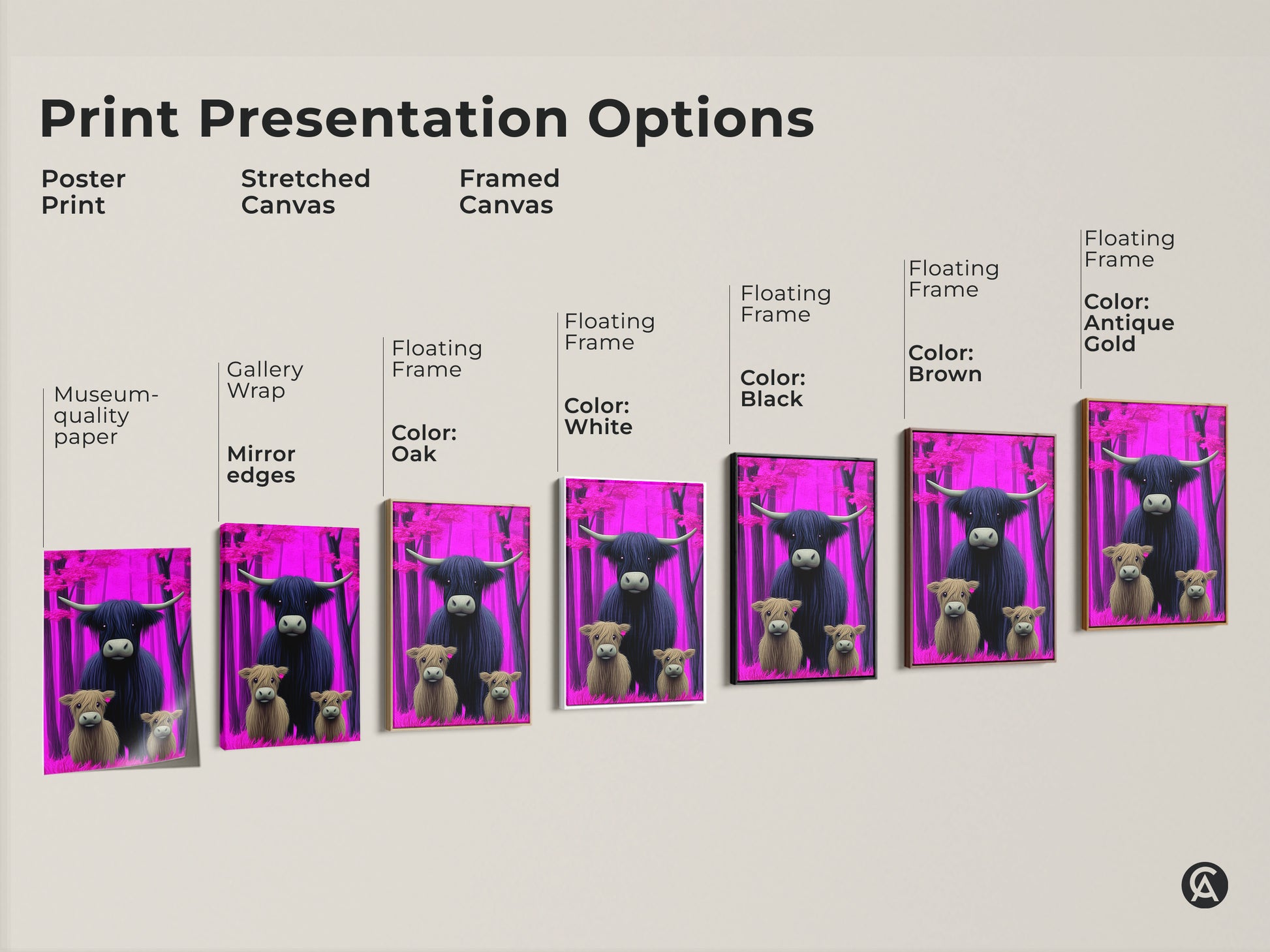 Print presentation options featuring a Highland Cow family in a surreal pink and purple forest. See options of poster prints stretched canvas and framed canvas in various colors. Museum-quality paper art with gallery wrapped mirror edges.