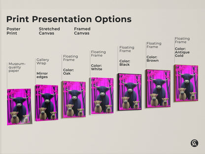 Print presentation options featuring a Highland Cow family in a surreal pink and purple forest. See options of poster prints stretched canvas and framed canvas in various colors. Museum-quality paper art with gallery wrapped mirror edges.