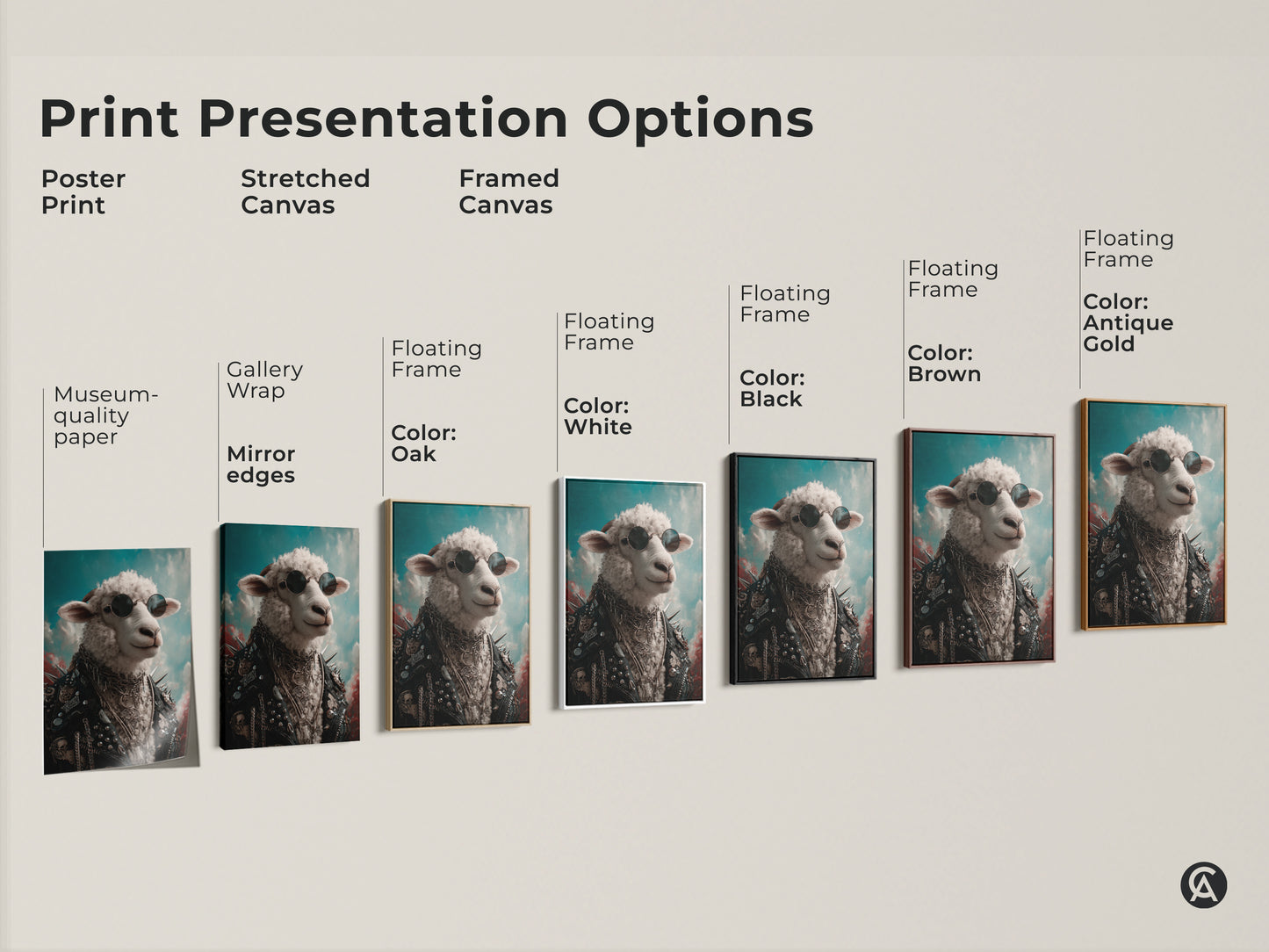 Print presentation options showcasing punk rock sheep artwork. Options include a poster print on museum-quality paper. Also options for stretched and framed canvas prints in various colors. Perfect for eclectic home decor and alternative art.