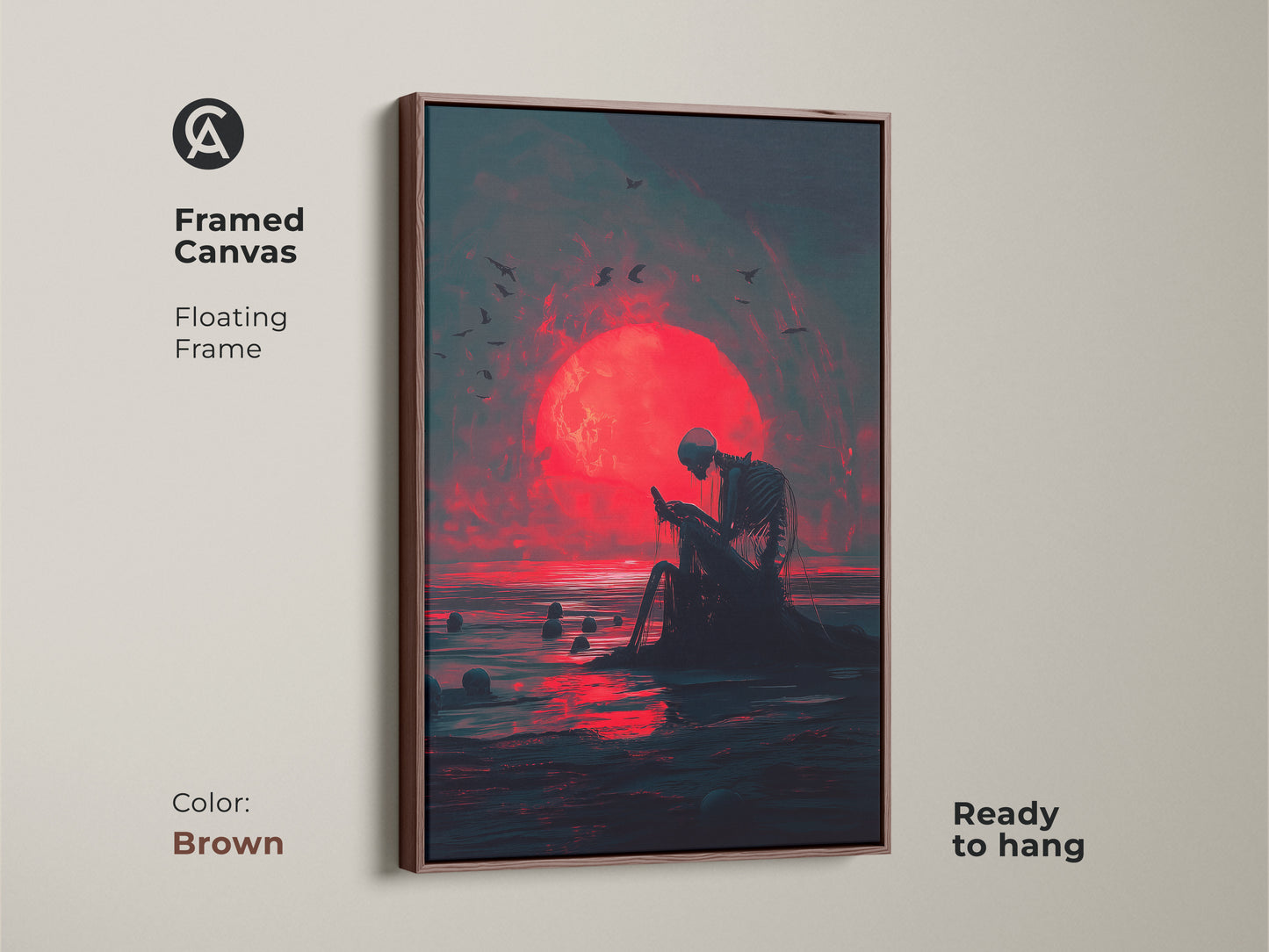 Framed canvas featuring a skeleton sitting at the ocean with a red moon. The floating frame is a rich brown color. This canvas art is ready to hang in your home. The framed canvas enhances the artwork. Ideal for adding a touch of dark or gothic style. Buy now!