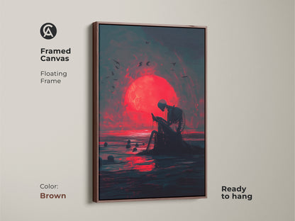 Framed canvas featuring a skeleton sitting at the ocean with a red moon. The floating frame is a rich brown color. This canvas art is ready to hang in your home. The framed canvas enhances the artwork. Ideal for adding a touch of dark or gothic style. Buy now!