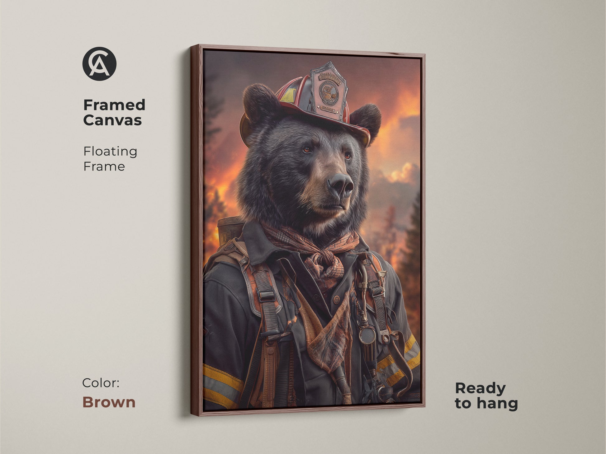 A framed canvas showing a bear dressed as a firefighter in a brown floating frame ready to hang. A unique firefighter gift. Enhance your office with this heroic animal wall hanging.