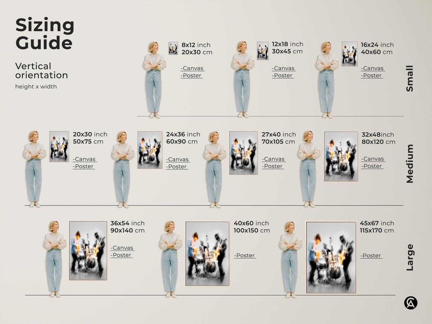 Sizing guide for vertical jazz band artwork. Available in canvas and poster options. Sizes range from small to large. Find the perfect size for your space. Choose from various sizes. Including 8x12 inch and 45x67 inch.