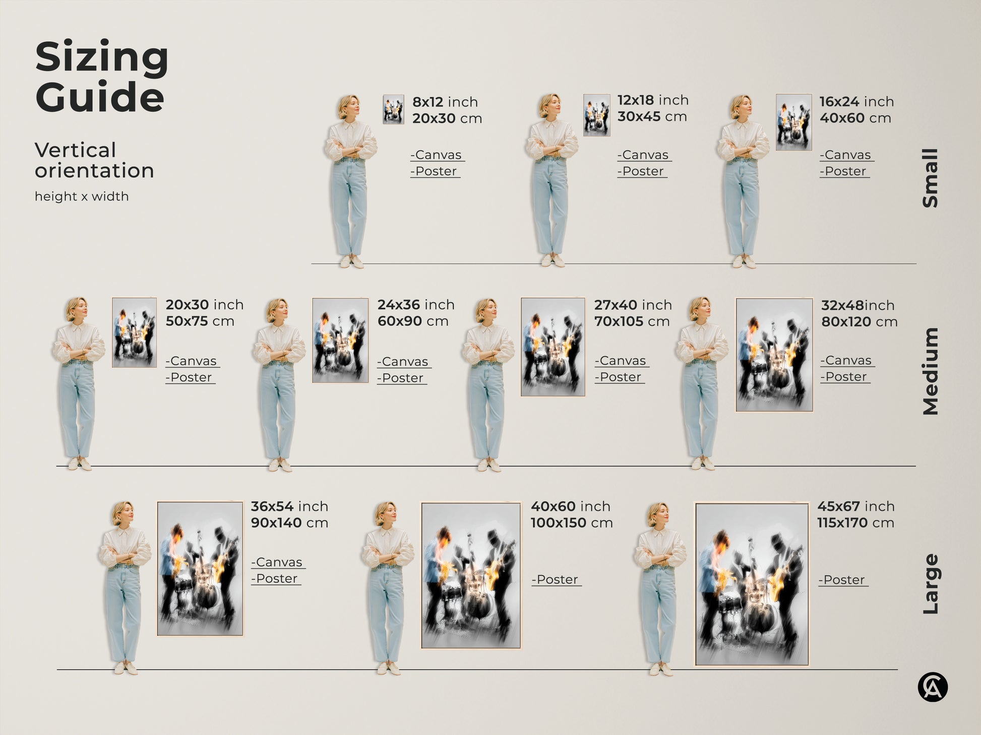 Sizing guide for vertical jazz band artwork. Available in canvas and poster options. Sizes range from small to large. Find the perfect size for your space. Choose from various sizes. Including 8x12 inch and 45x67 inch.