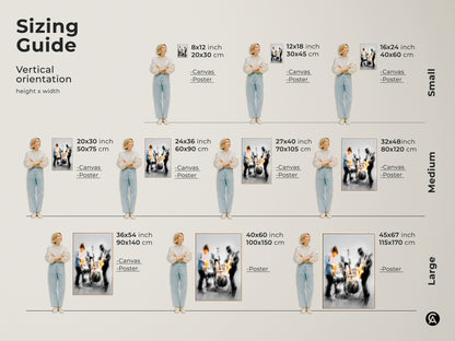 Sizing guide for vertical jazz band artwork. Available in canvas and poster options. Sizes range from small to large. Find the perfect size for your space. Choose from various sizes. Including 8x12 inch and 45x67 inch.