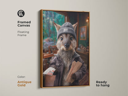 The antique gold floating frame makes the Kangaroo Postman art pop. This framed canvas is ready to hang and adds a touch of vintage style. This piece of artwork brings quirky charm to your study or office a great birthday gift.
