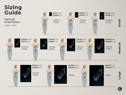 Sizing guide for vertical basketball hoop art canvas and poster. Sizes range from small to large. Find the perfect size for your space with this modern sports decor sizing guide.