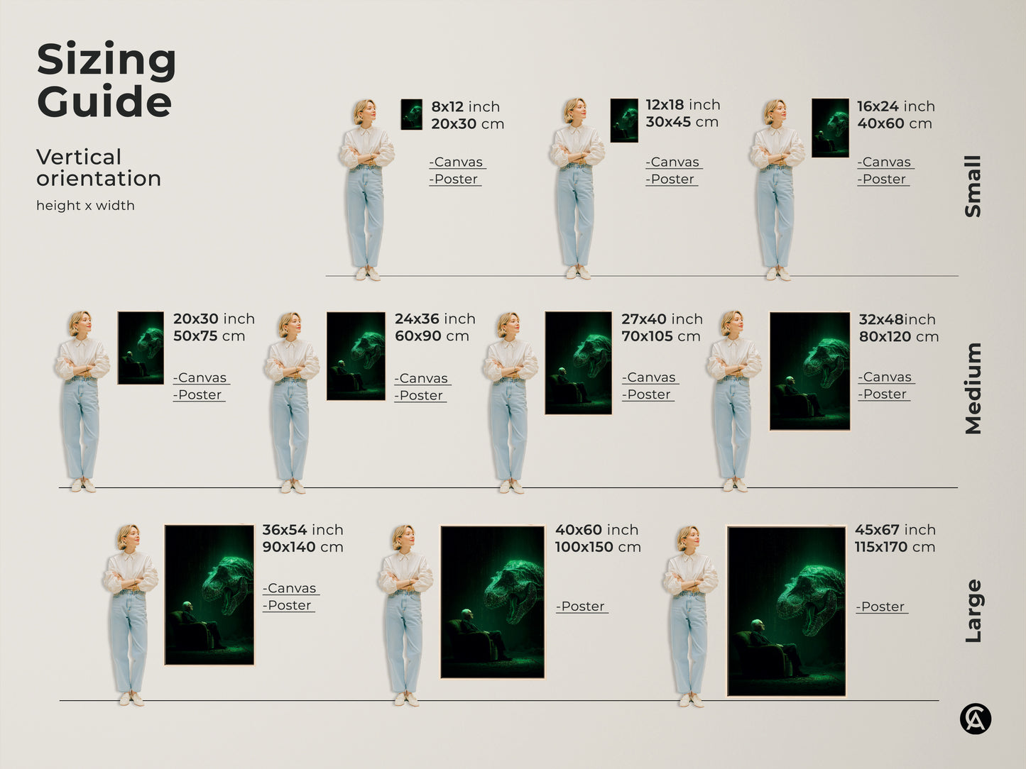 Find the perfect size with this vertical orientation sizing guide. See how this artwork looks in various dimensions. From small to large sizes available in canvas or poster. Featuring a man facing a glowing T-Rex head.