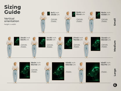 Find the perfect size with this vertical orientation sizing guide. See how this artwork looks in various dimensions. From small to large sizes available in canvas or poster. Featuring a man facing a glowing T-Rex head.