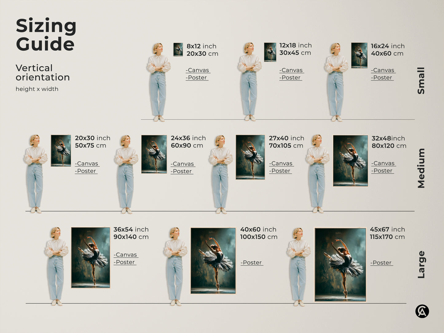 Ballerina art sizing guide. Visual guide shows canvas and poster sizes. Sizes range from small to large. Find the perfect size for your ballerina artwork. Enhance your space with this beautiful art.